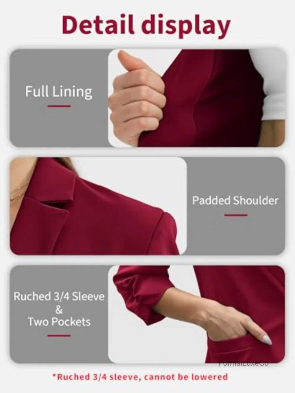 Women's Ruched 3/4 Sleeve Blazers, Lightweight Slim Fit Jacket with Padded